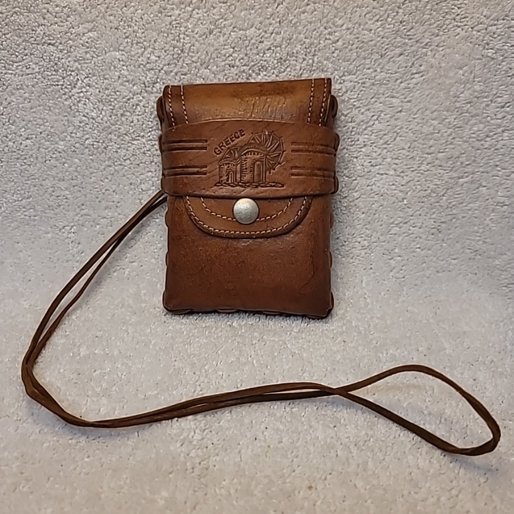 Vintage Hand Tooled Leather Clutch Wristlet Phone Case Boho Made In Greece